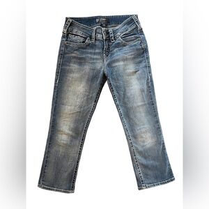 Y2K Vintage Silver Suki Mid Rise Capris with Embroidered S Scroll Pockets Sz 28